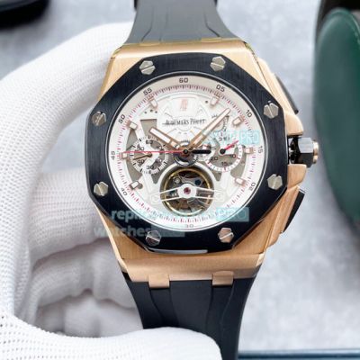 Copy Audemars Piguet Royal Oak Offshore Watch White Dial Rose Gold Case Black Rubber Strap